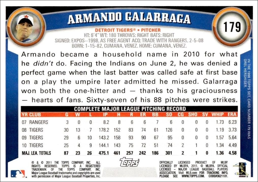 2011 Topps Armando Galarraga #179 baseball trading card back