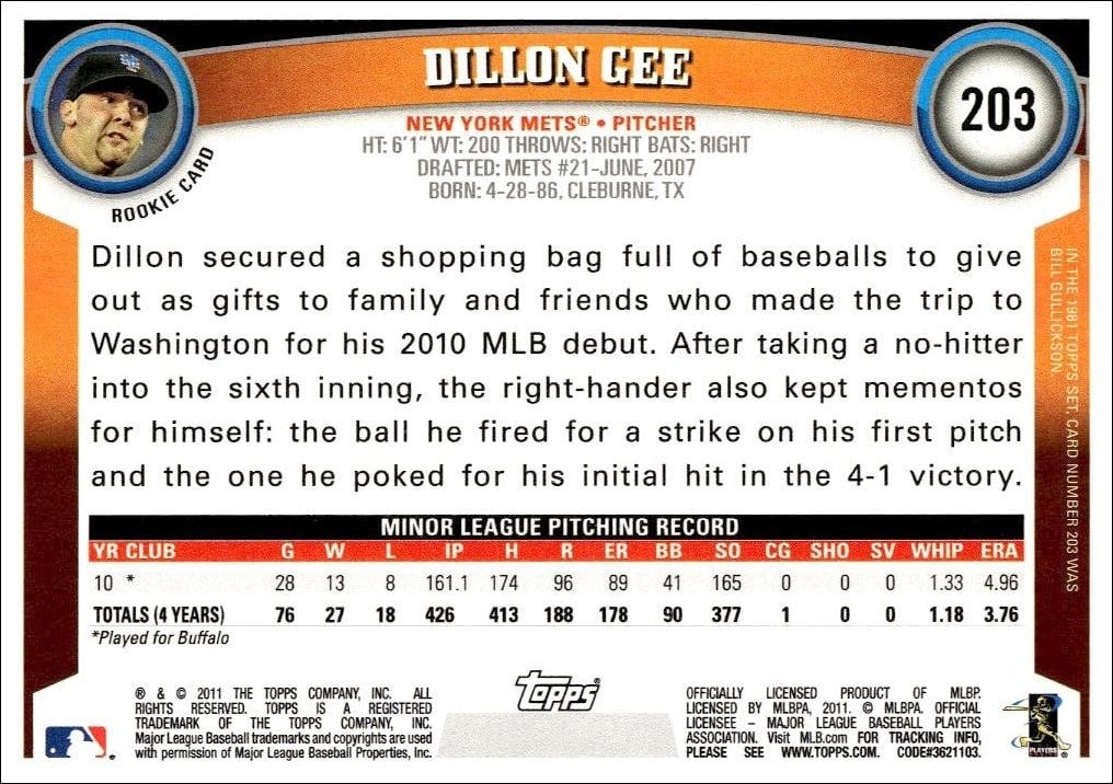 2011 Topps Dillon Gee #203 baseball trading card back