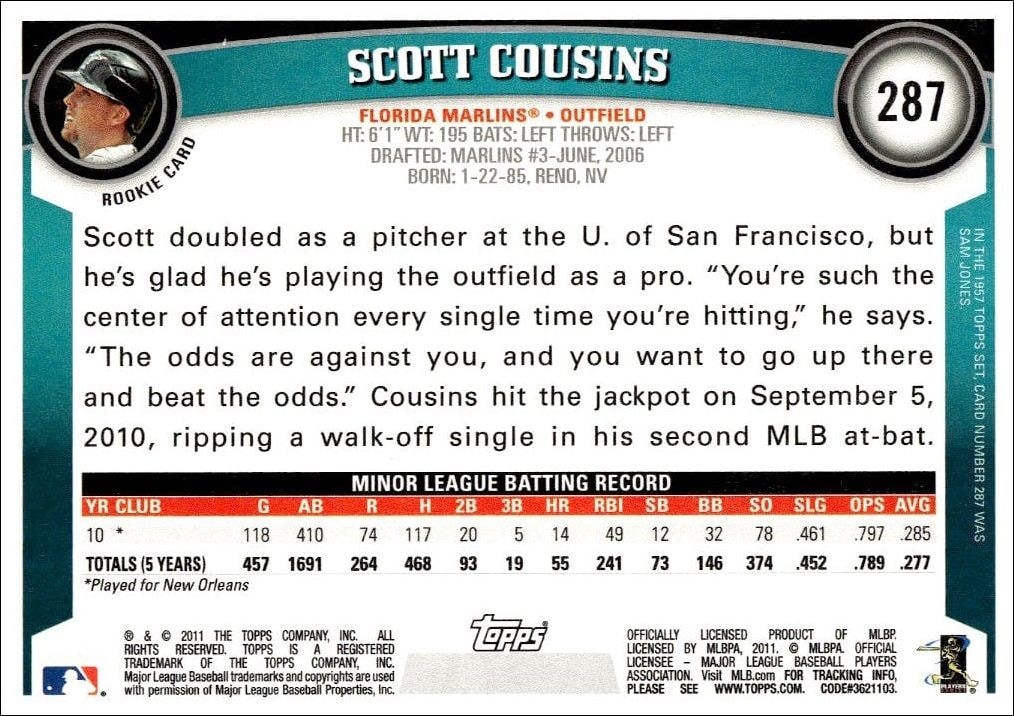 2011 Topps Scott Cousins #287 baseball trading card back