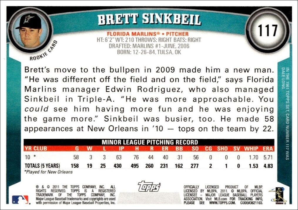 2011 Topps Brett Sinkbeil #117 baseball trading card back