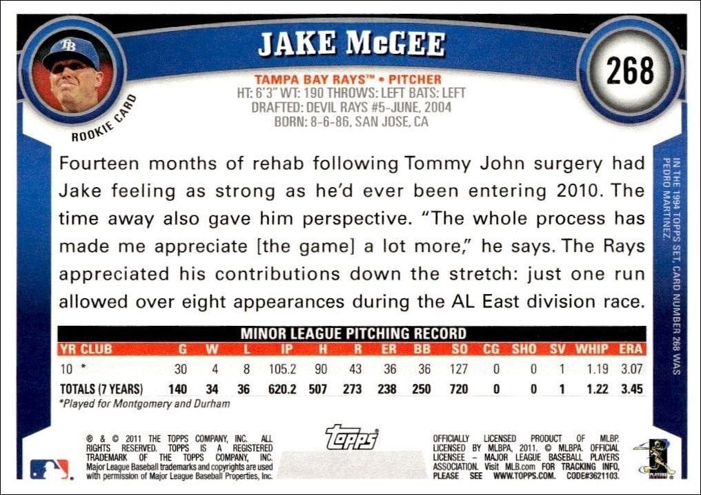 2011 Topps Jake McGee #268 baseball trading card back