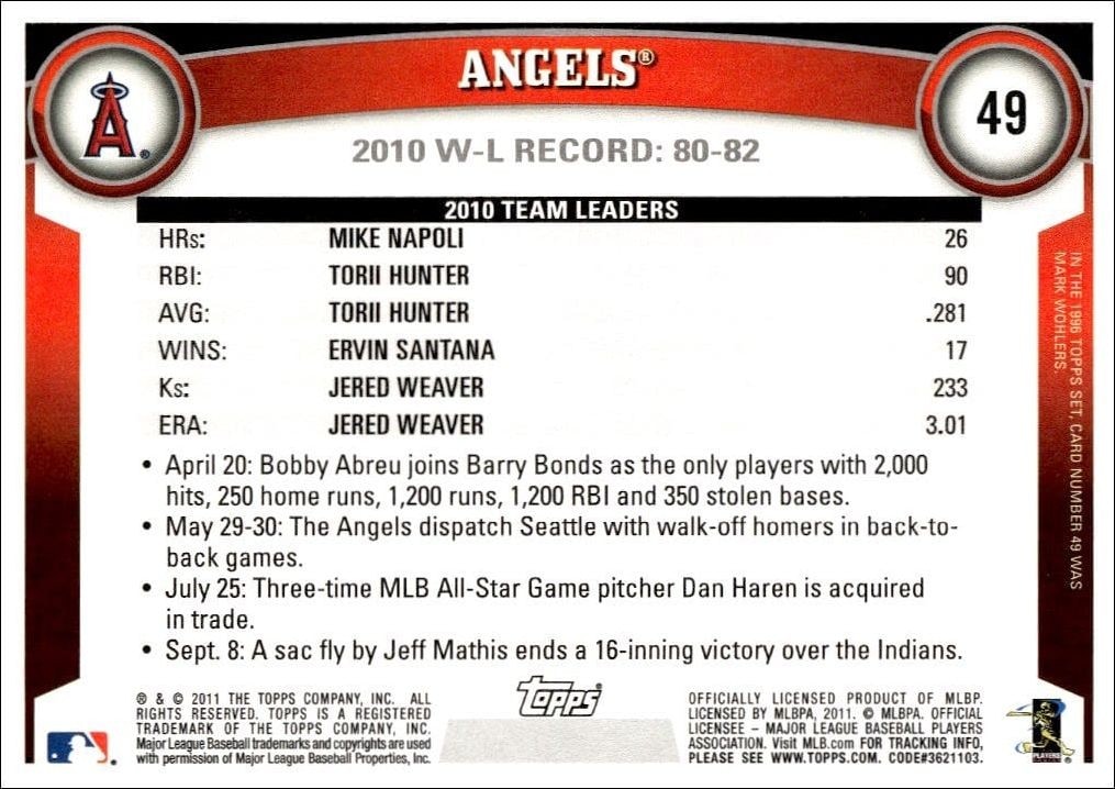 2011 Topps Los Angeles Angels #49 baseball trading card back