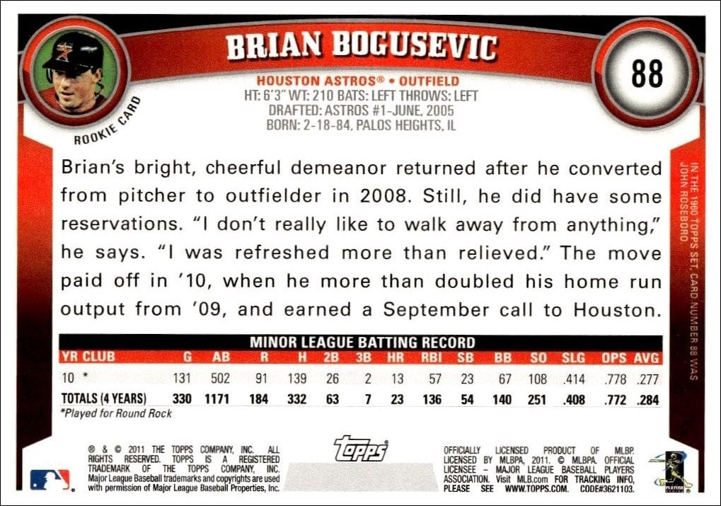 2011 Topps Brian Bogusevic #88 baseball trading card back