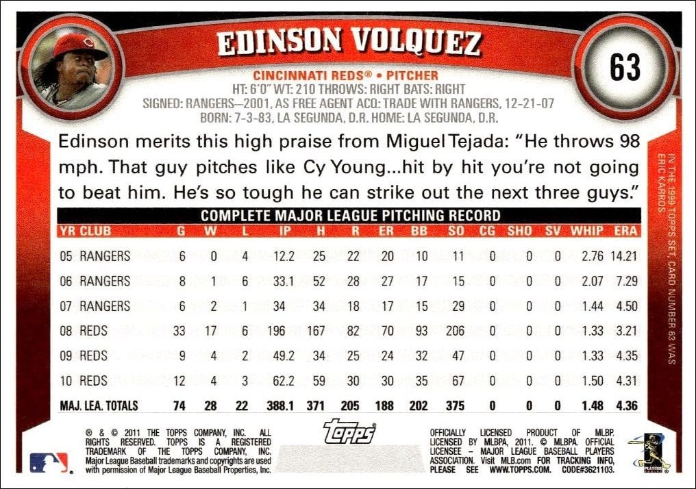 2011 Topps Edinson Volquez #63 baseball trading card back