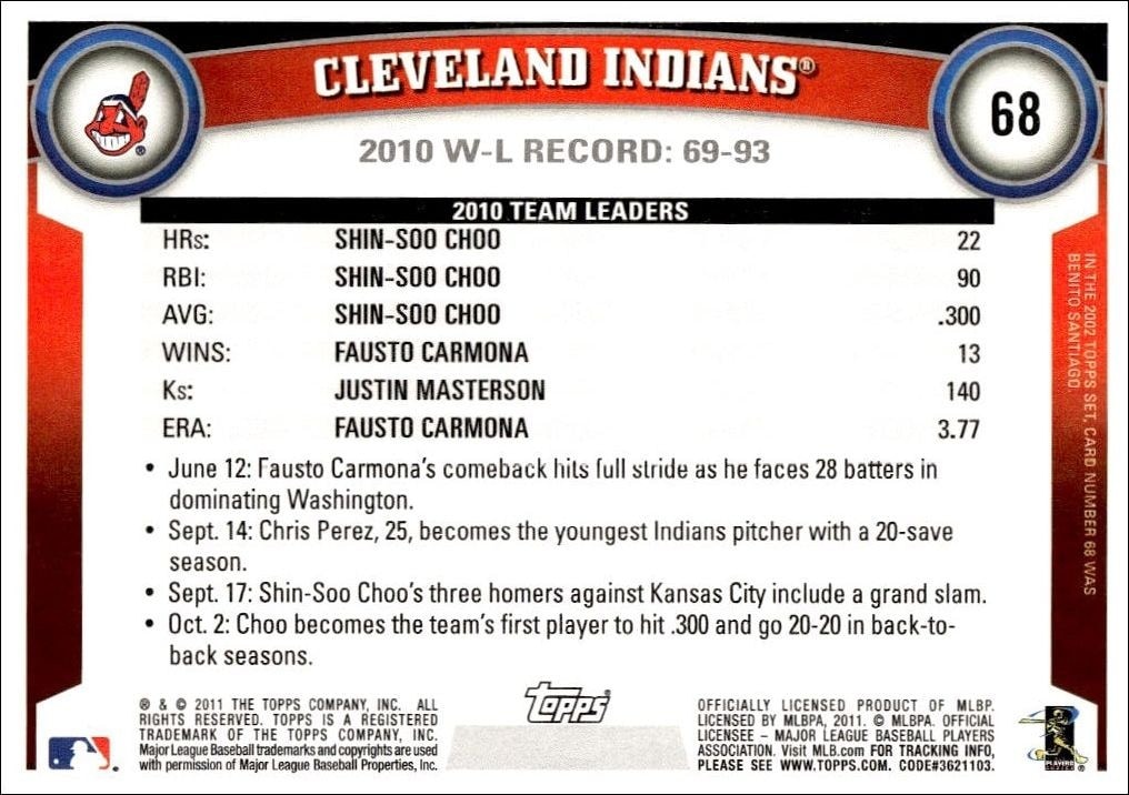 2011 Topps Cleveland Indians #68 baseball trading card back