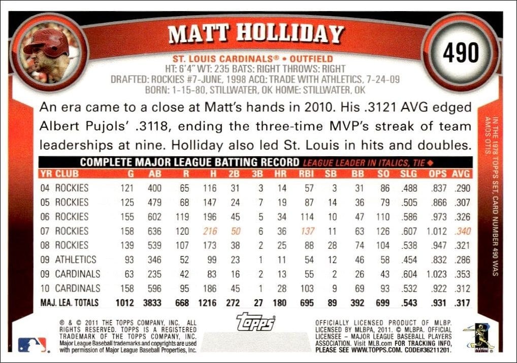 2011 Topps Series 2 Matt Holliday #490 baseball trading card back