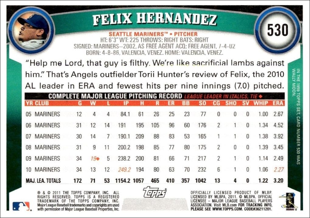2011 Topps Series 2 Felix Hernandez #530 baseball trading card back