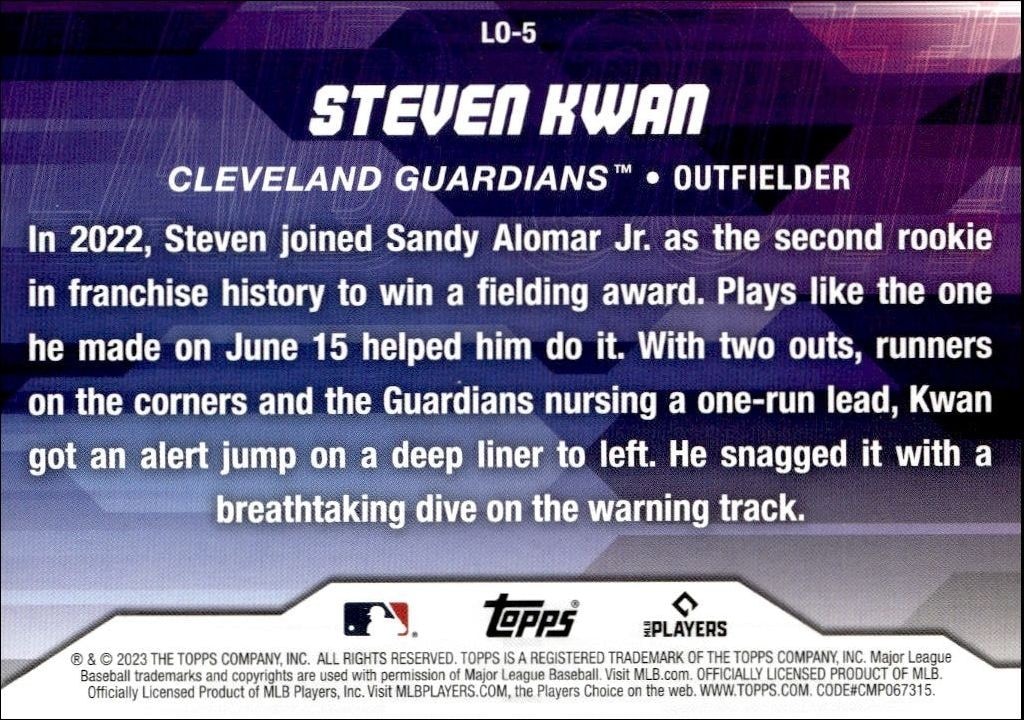 2023 Topps Update Series Steven Kwan #LO-5 baseball trading card back