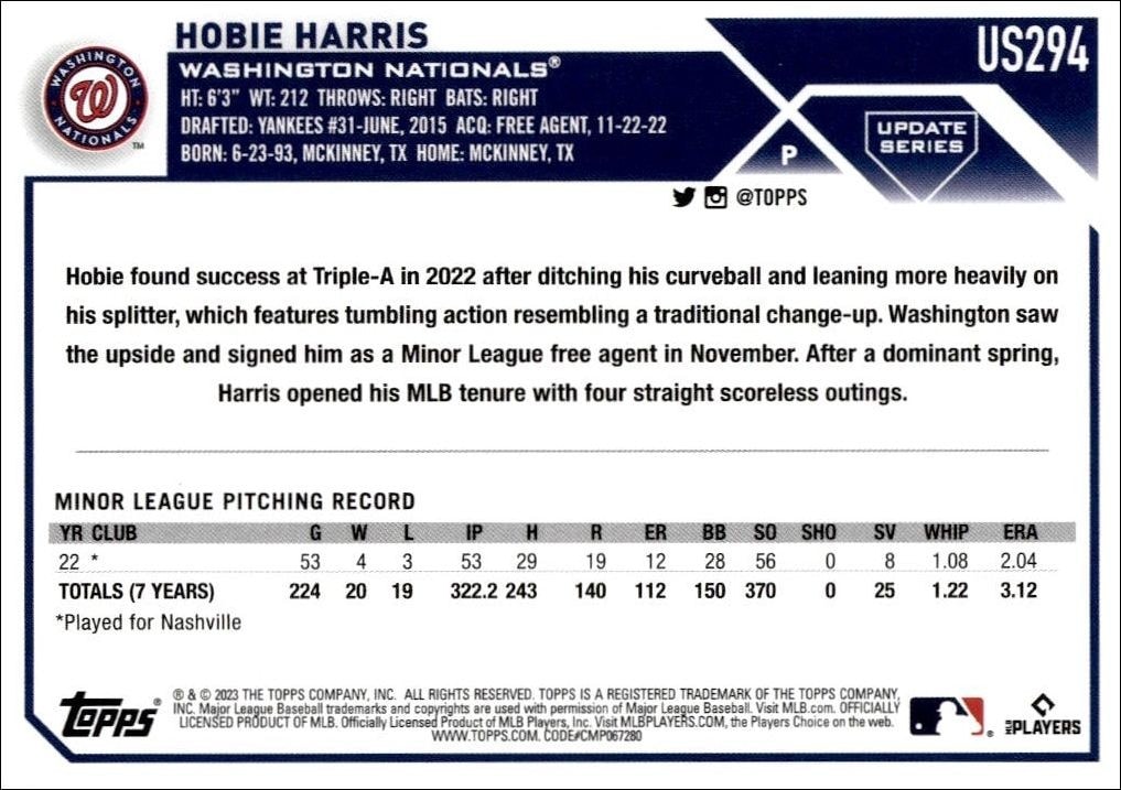 2023 Topps Update Series Hobie Harris #US294 baseball trading card back