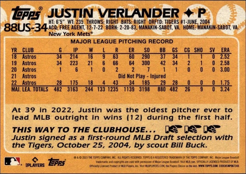 2023 Topps Update Series Justin Verlander #88US-34 baseball trading card back
