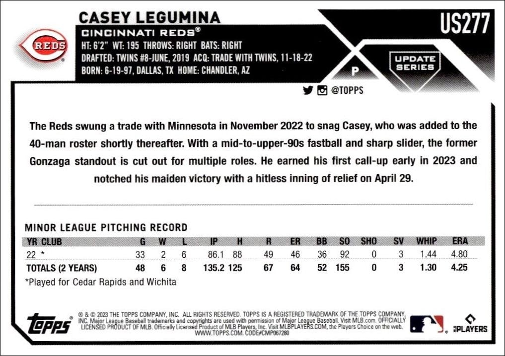2023 Topps Update Series Casey Legumina #US277 baseball trading card back