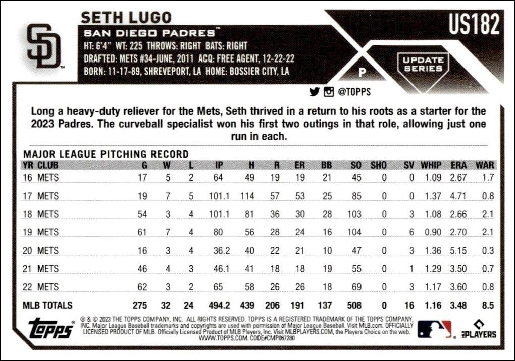 2023 Topps Update Series Seth Lugo #US182 baseball trading card back