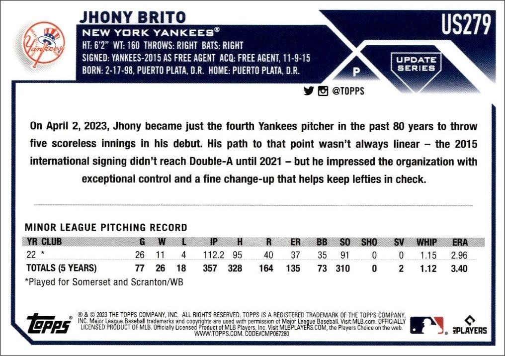 2023 Topps Update Series Jhony Brito #US279 baseball trading card back