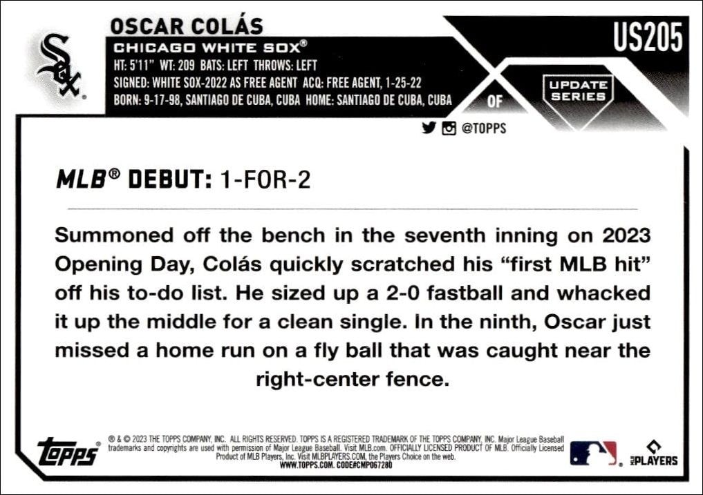 2023 Topps Update Series Oscar Colás #US205 baseball trading card back