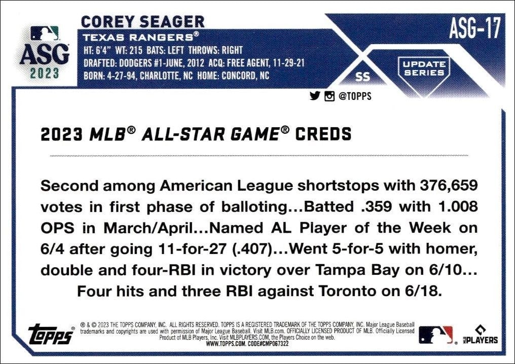 2023 Topps Update Series Corey Seager #ASG-17 baseball trading card back