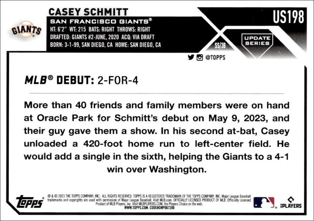 2023 Topps Update Series Casey Schmitt #US198 baseball trading card back