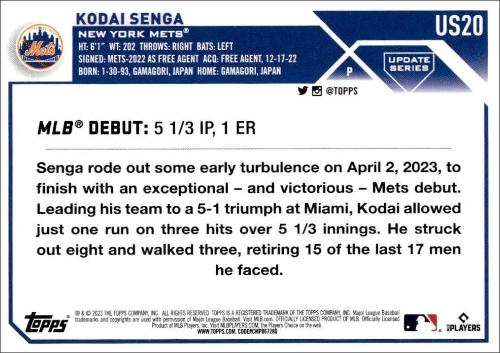 2023 Topps Update Series Kodai Senga #US20 baseball trading card back