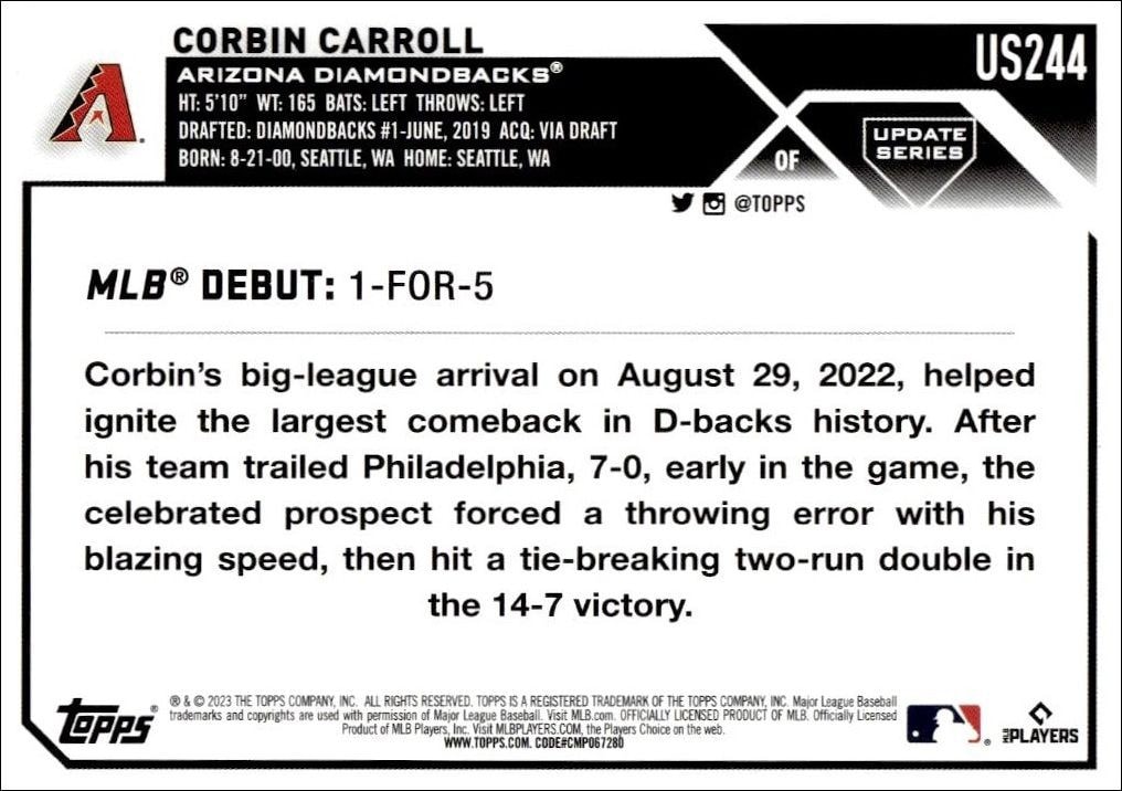2023 Topps Update Series Corbin Carroll #US244 baseball trading card back
