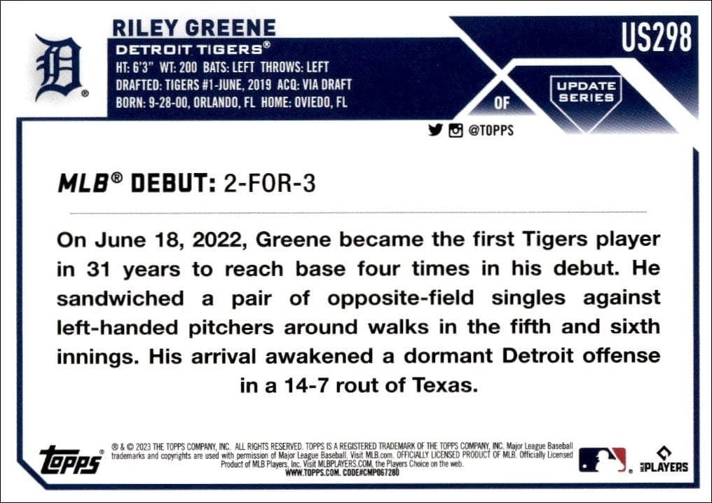 2023 Topps Update Series Riley Greene #US298 baseball trading card back