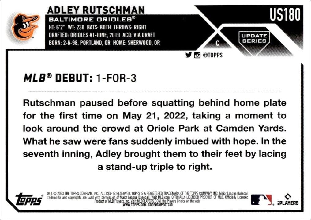 2023 Topps Update Series Adley Rutschman #US180 baseball trading card back