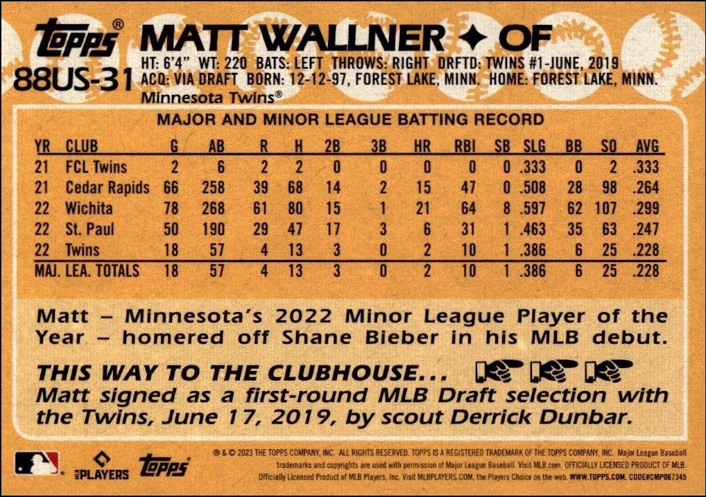 2023 Topps Update Series Matt Wallner #88US-31 baseball trading card back