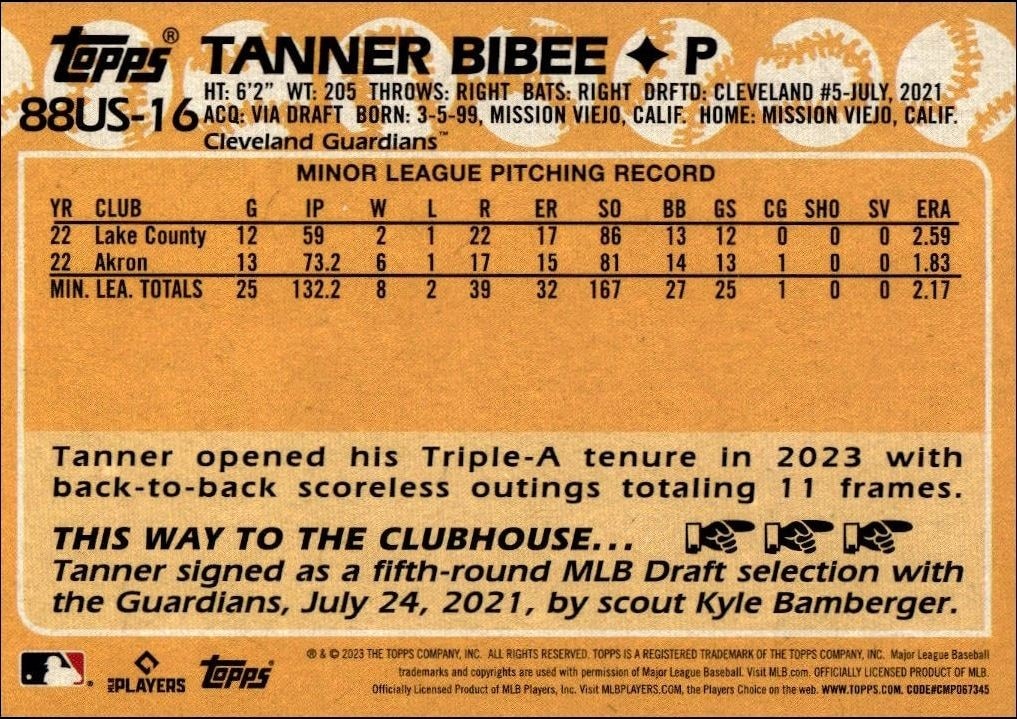 2023 Topps Update Series Tanner Bibee #88US-16 baseball trading card back