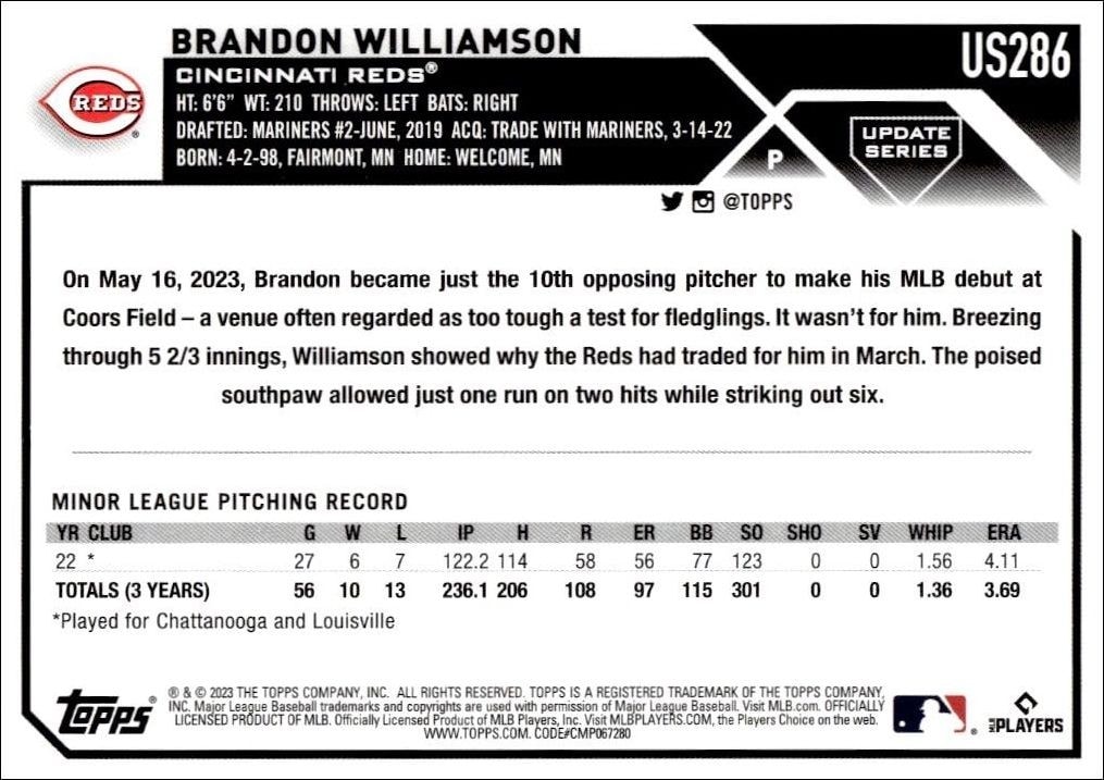 2023 Topps Update Series Brandon Williamson #US286 baseball trading card back