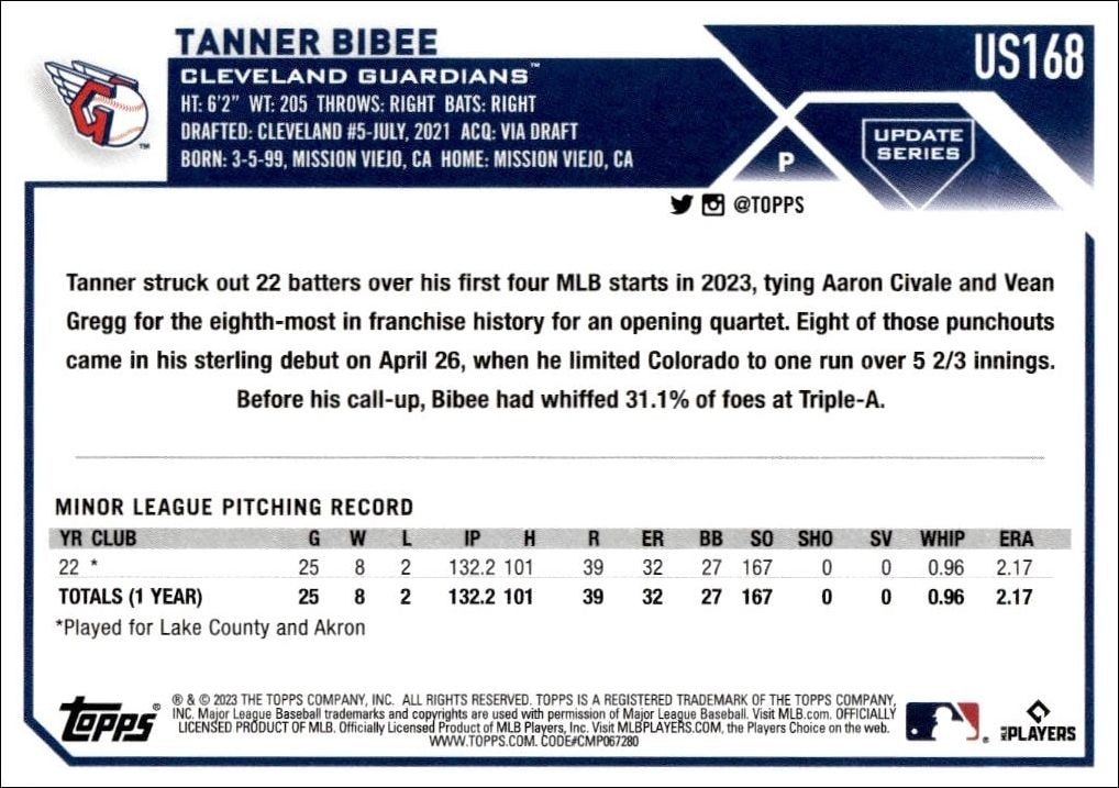 2023 Topps Update Series Tanner Bibee #US168 baseball trading card back