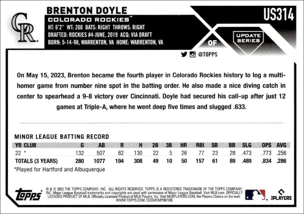 2023 Topps Update Series Brenton Doyle #US314 baseball trading card back