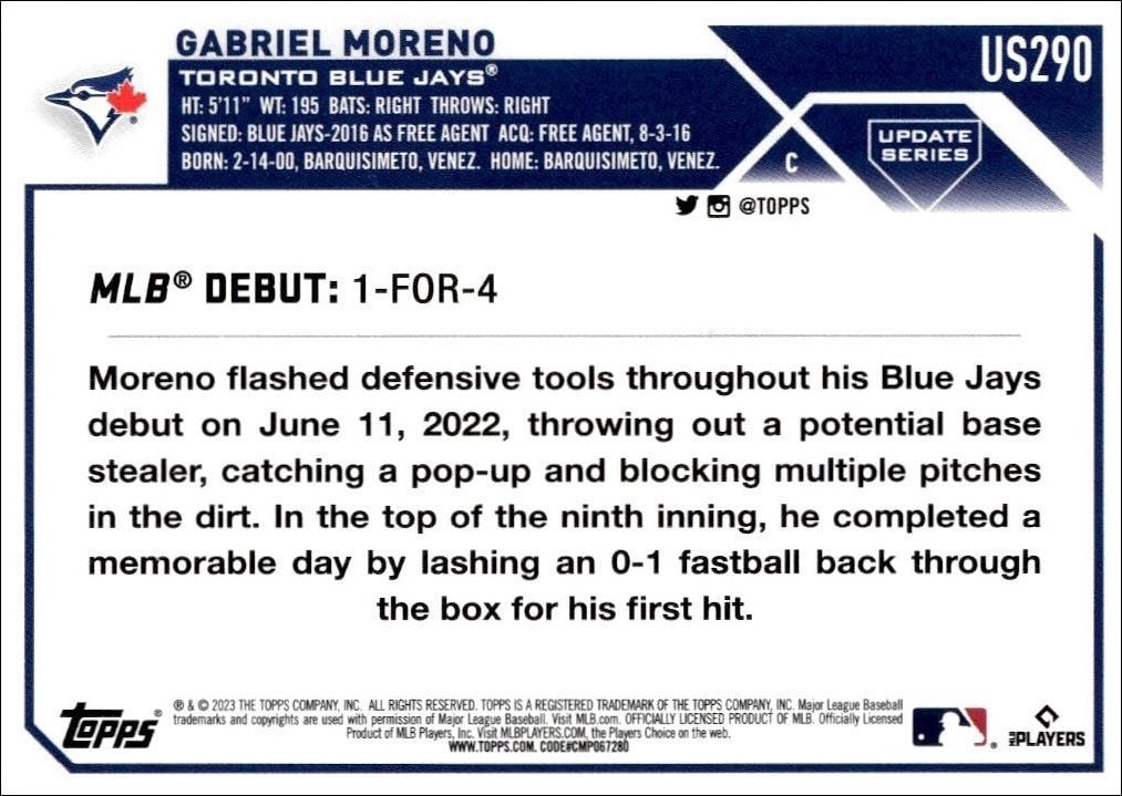 2023 Topps Update Series Gabriel Moreno #US290 baseball trading card back