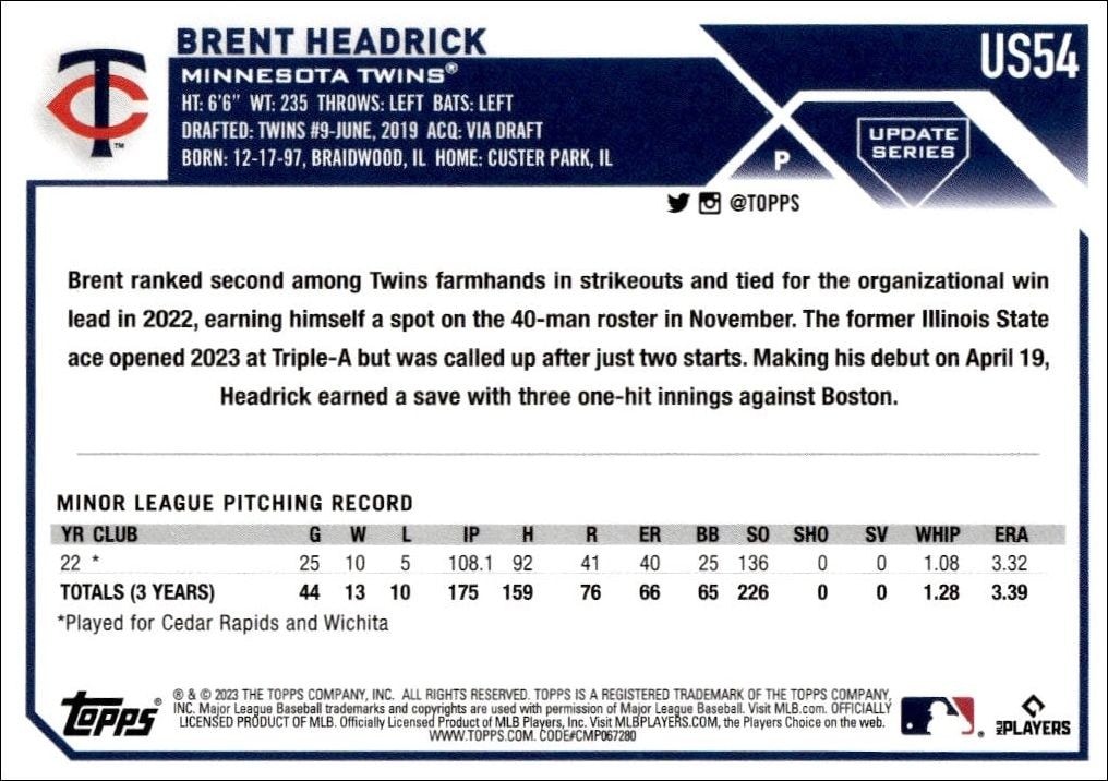2023 Topps Update Series Brent Headrick #US54 baseball trading card back