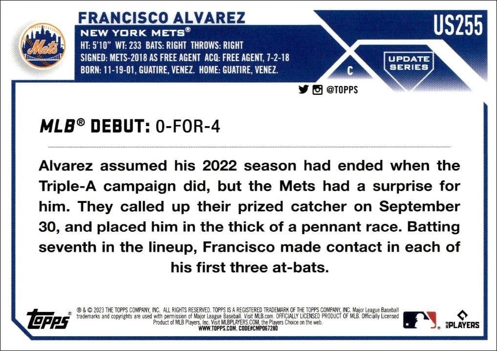 2023 Topps Update Series Francisco Alvarez #US255 baseball trading card back