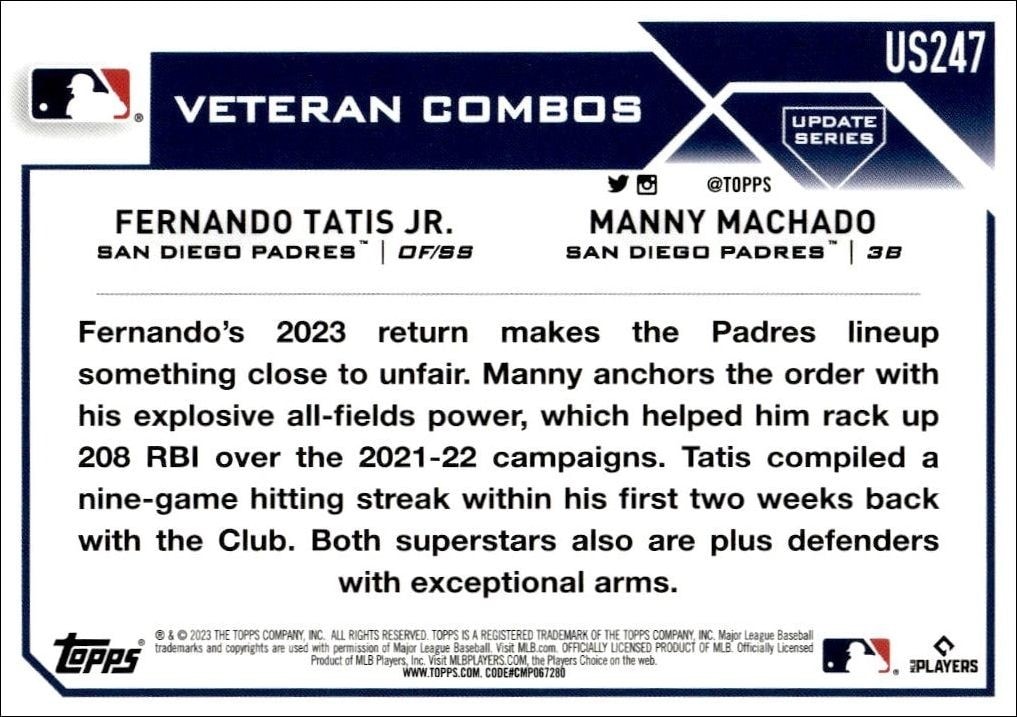 2023 Topps Update Series Fernando Tatis Jr. #US247 baseball trading card back
