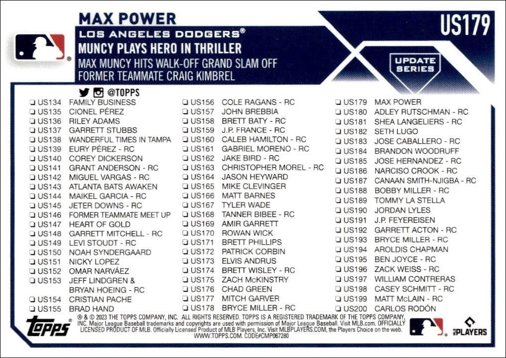 2023 Topps Update Series Max Power #US179 baseball trading card back