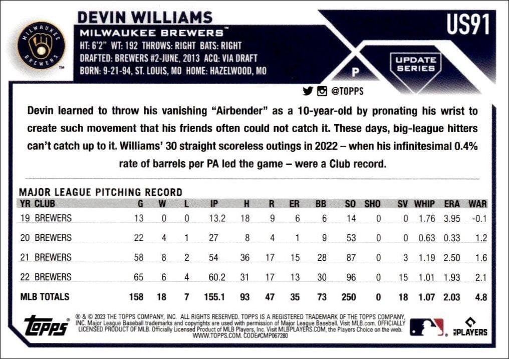 2023 Topps Update Series Devin Williams #US91 baseball trading card back