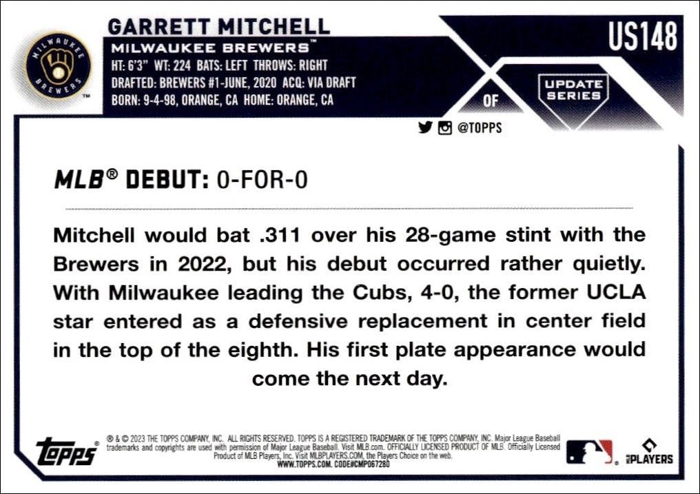 2023 Topps Update Series Garrett Mitchell #US148 baseball trading card back