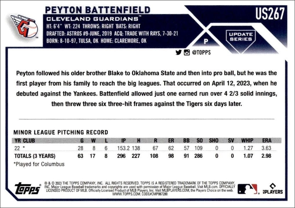 2023 Topps Update Series Peyton Battenfield #US267 baseball trading card back