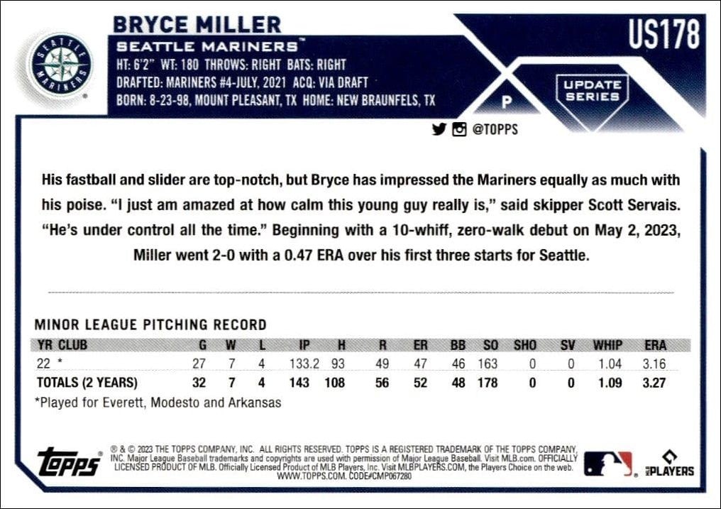 2023 Topps Update Series Bryce Miller #US178 baseball trading card back