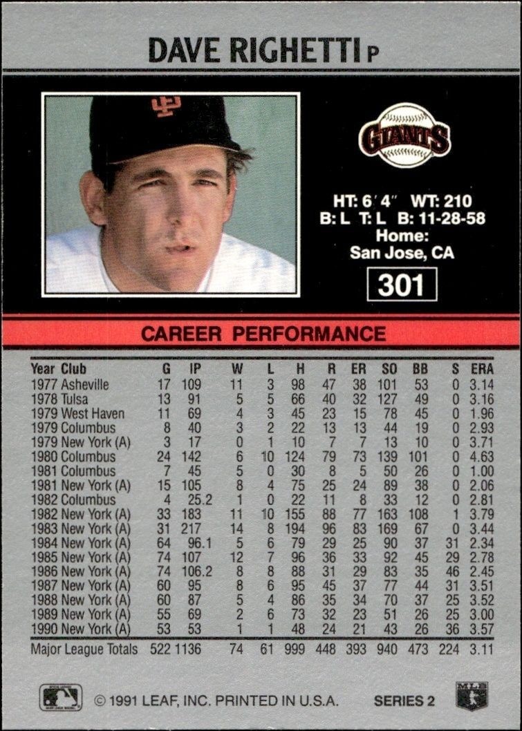 1991 Leaf Dave Righetti #301 baseball trading card back