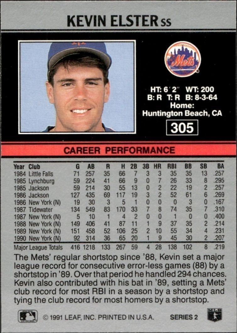 1991 Leaf Kevin Elster #305 baseball trading card back