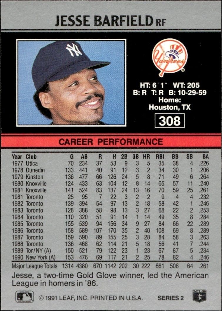 1991 Leaf Jesse Barfield #308 baseball trading card back