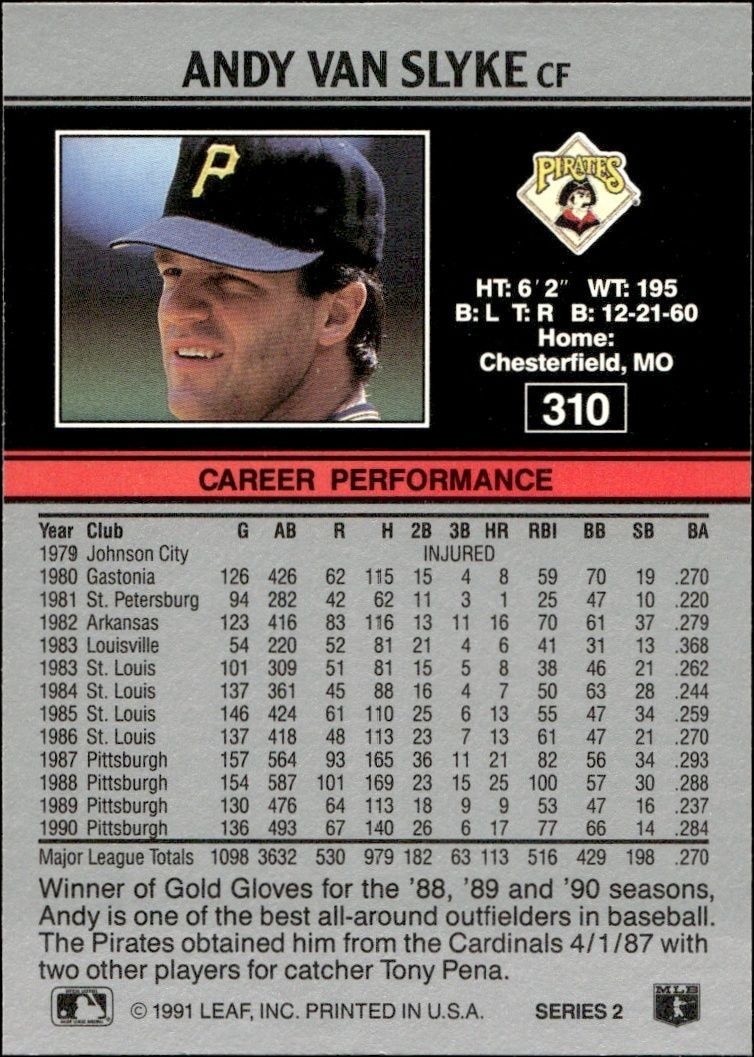 1991 Leaf Andy Van Slyke #310 baseball trading card back
