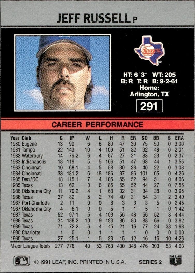 1991 Leaf Jeff Russell #291 baseball trading card back