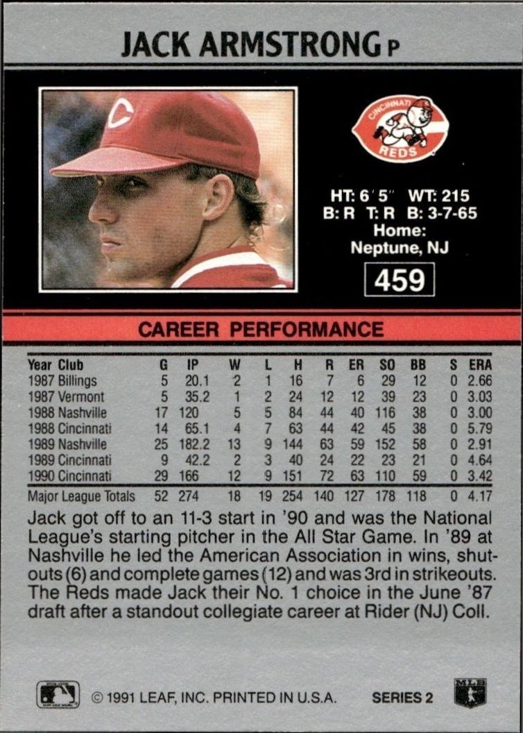 1991 Leaf Jack Armstrong #459 baseball trading card back