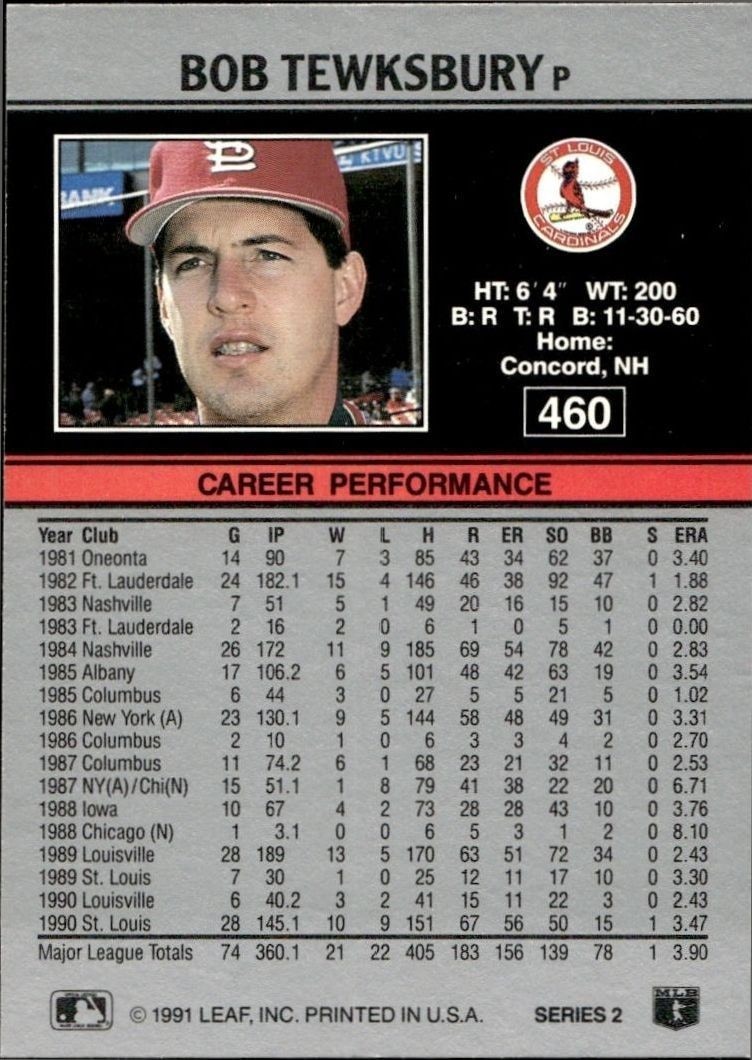 1991 Leaf Bob Tewksbury #460 baseball trading card back