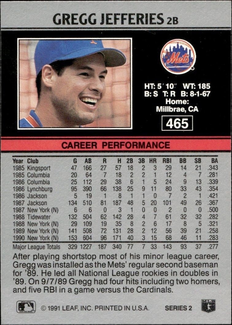 1991 Leaf Gregg Jefferies #465 baseball trading card back
