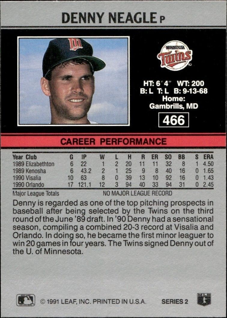 1991 Leaf Denny Neagle #466 baseball trading card back