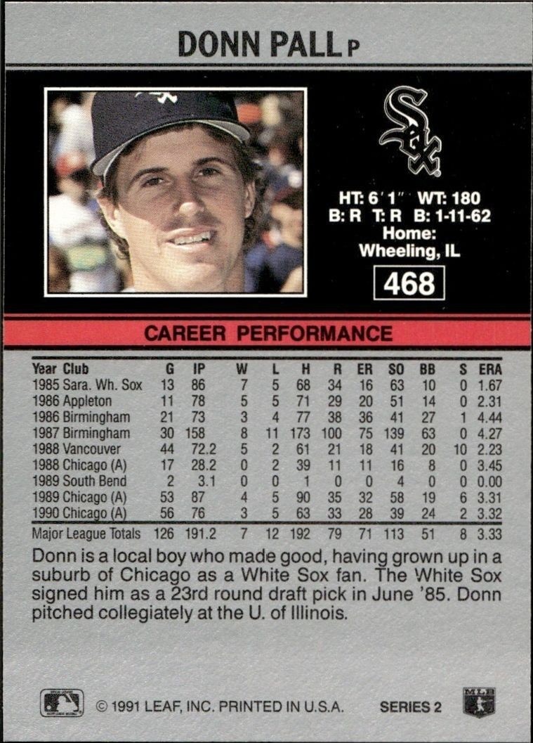 1991 Leaf Donn Pall #468 baseball trading card back