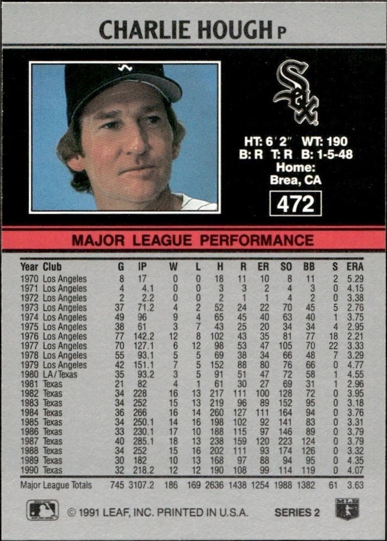1991 Leaf Charlie Hough #472 baseball trading card back