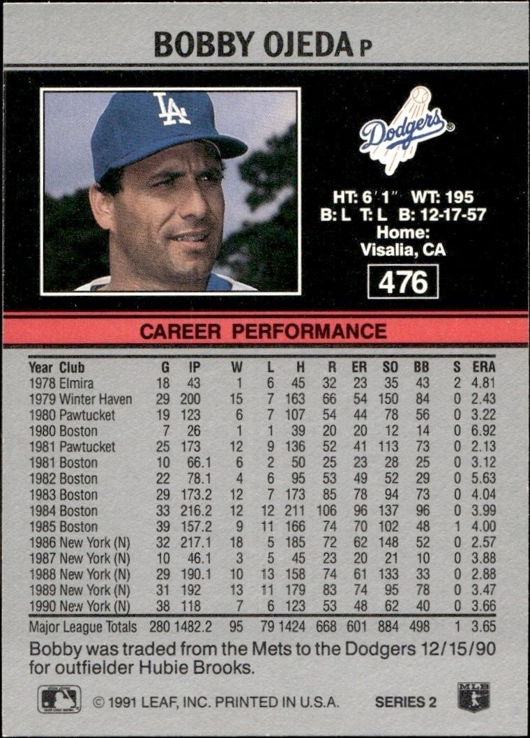 1991 Leaf Bobby Ojeda #476 baseball trading card back